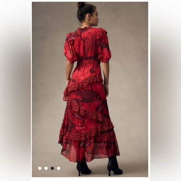 Large Farm Rio Short-Sleeve Printed Ruffled Midi Dress by Anthropologie - Picture 4 of 7